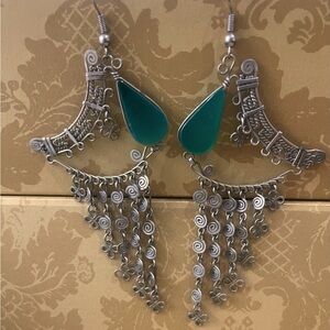 Vintage silver earring with a green stone  unique design